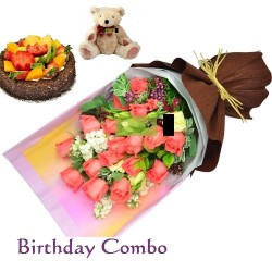 Birthday Combo with Flowers, Birthday Cake and Teddy